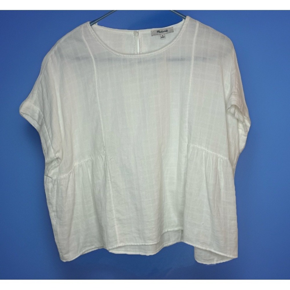 Madewell White Textured Boxy Flowy Peplum Top Short Sleeve Blouse Size M